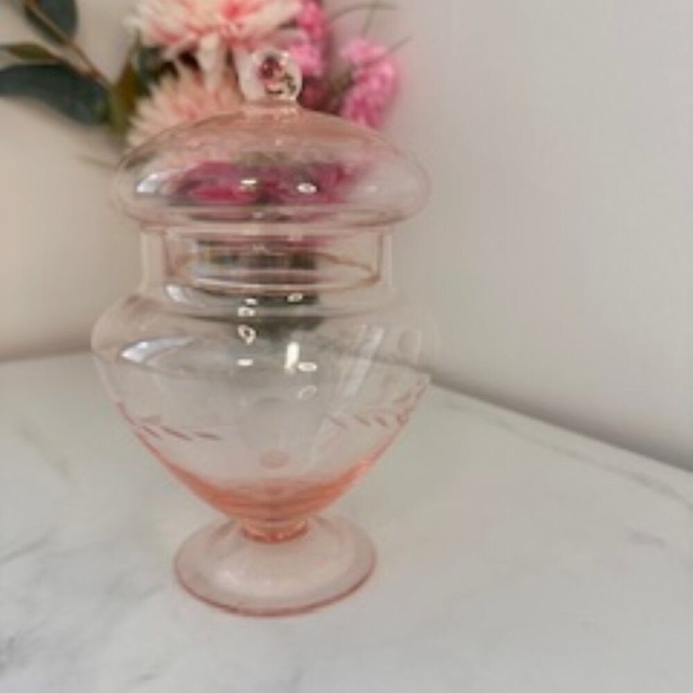 Vintage Pink Depression Glass Covered Dish with Floral Etching